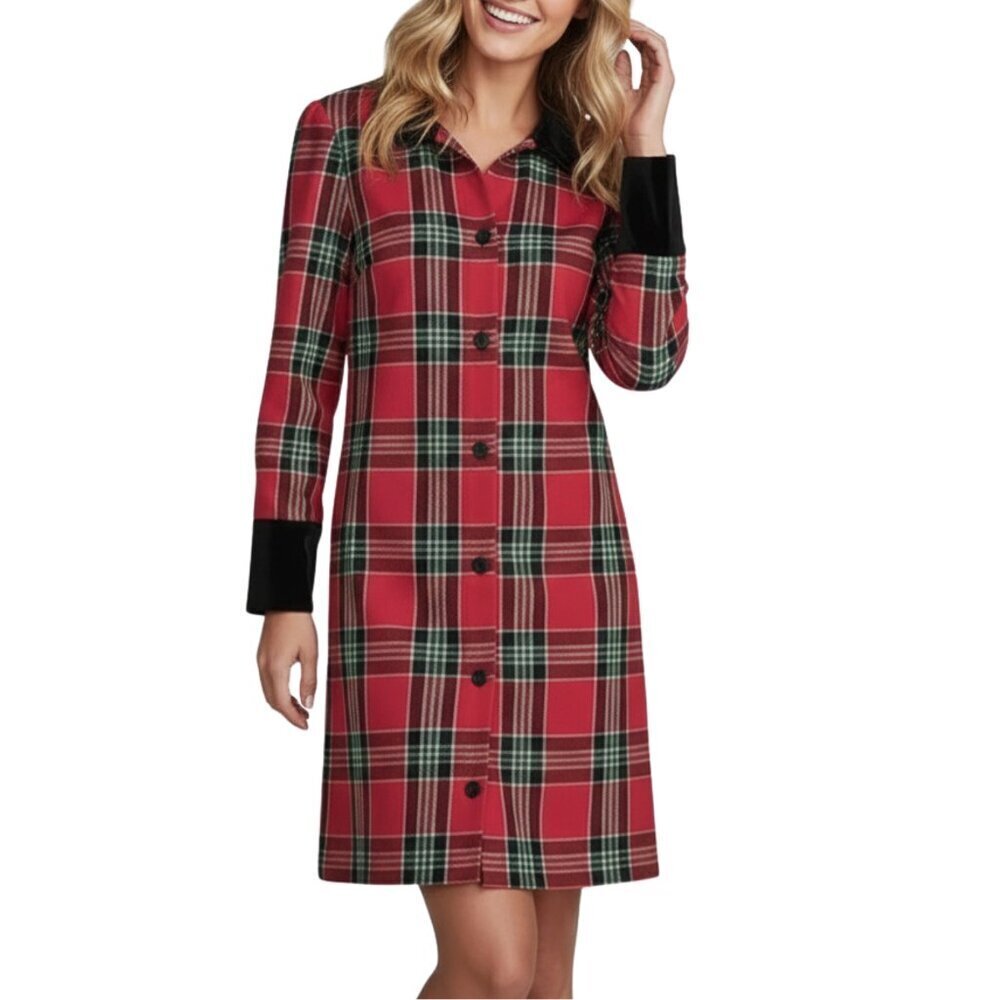 NWT Preston & York Laurel Plaid Velvet Cuff & Collar Long Sleeve Shirt Dress